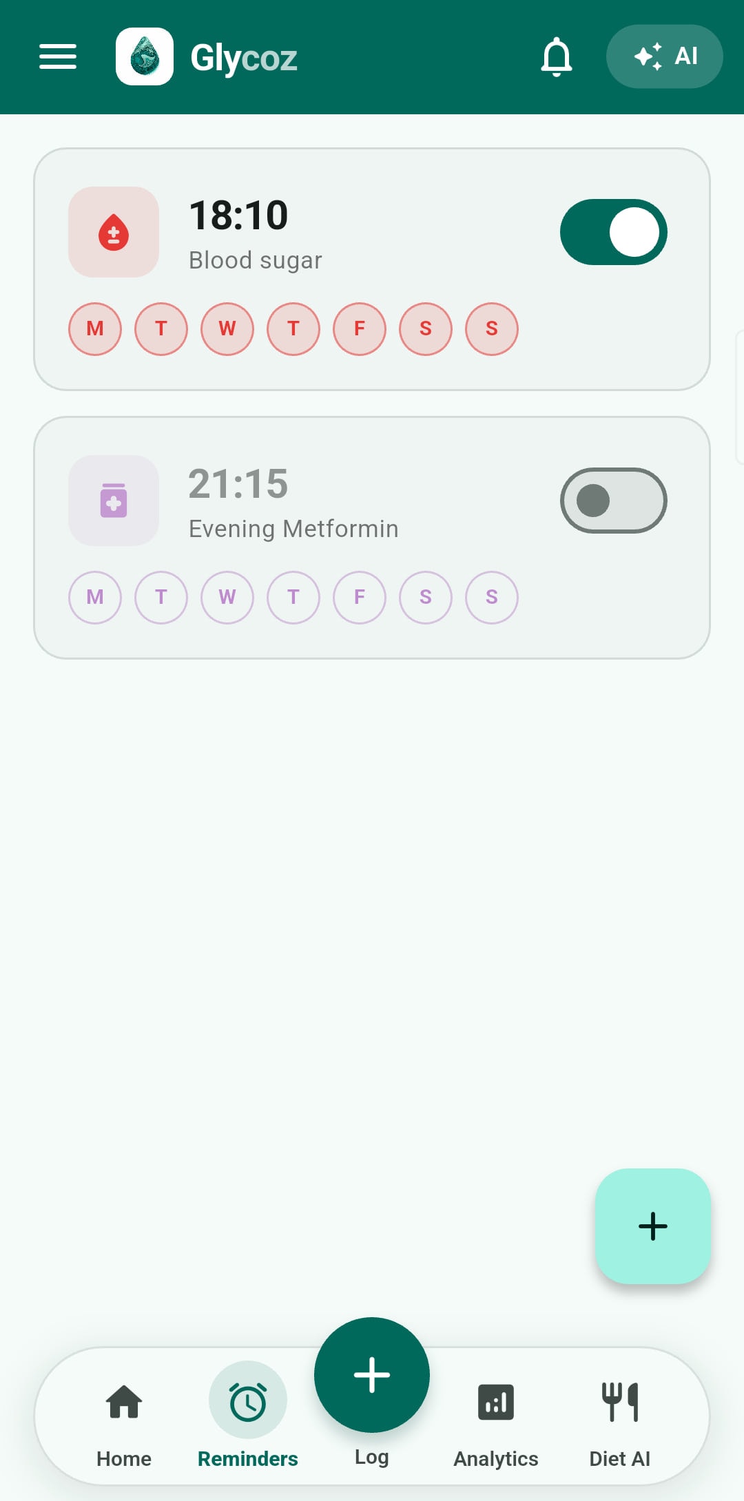 Two Glycoz reminders — a blood sugar reading at 18:10, switched on, and Evening Metformin at 21:15, switched off — each showing the seven days of the week it repeats on.