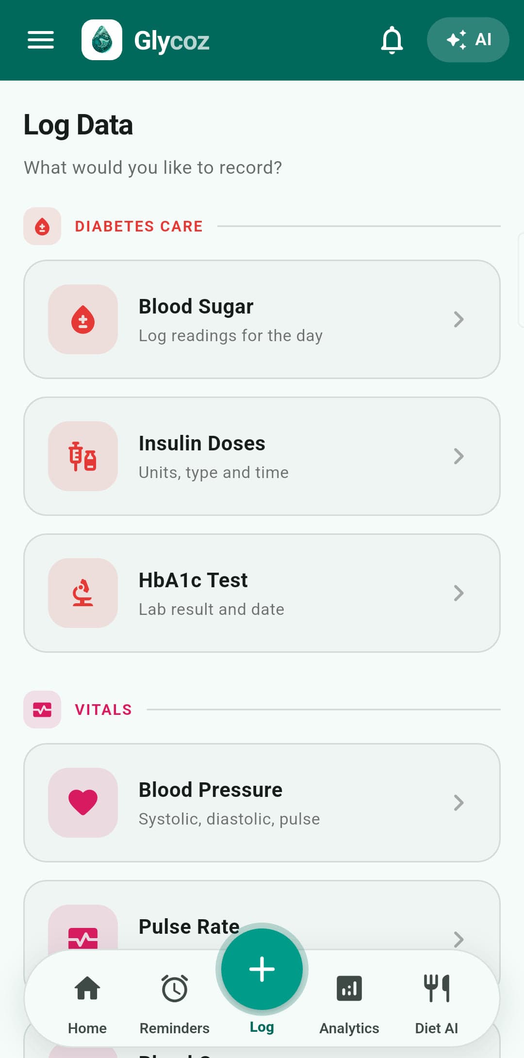 The Log Data screen: one door to every module, grouped as Diabetes Care — blood sugar, insulin doses, HbA1c — and Vitals — blood pressure and pulse rate.